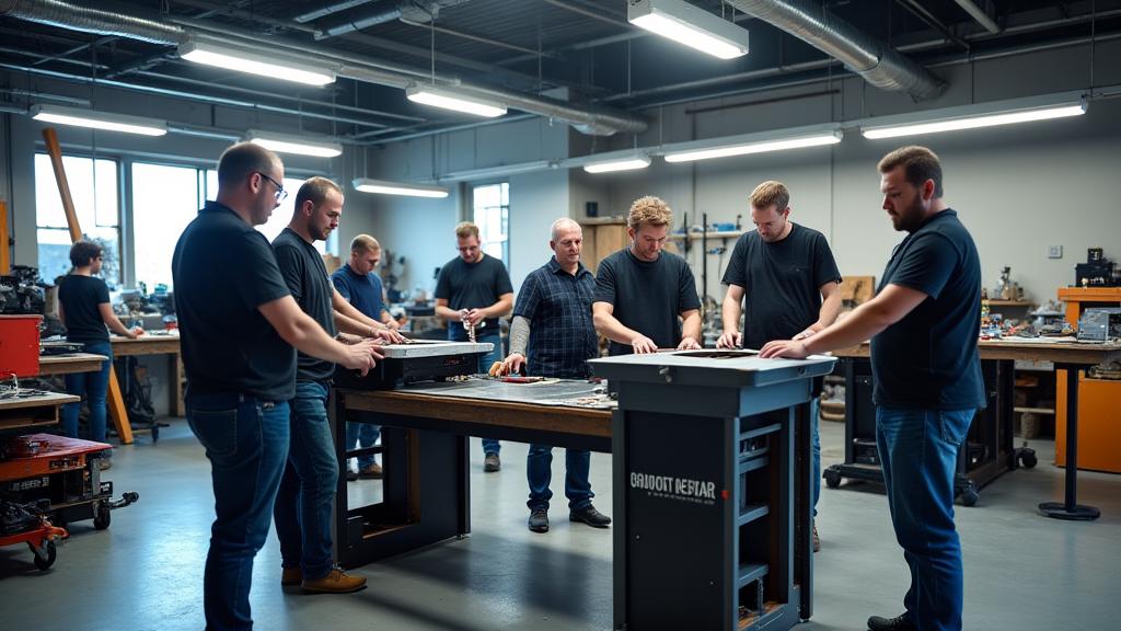 Game room equipment being assembled by a team of technicians, showing collaboration.
