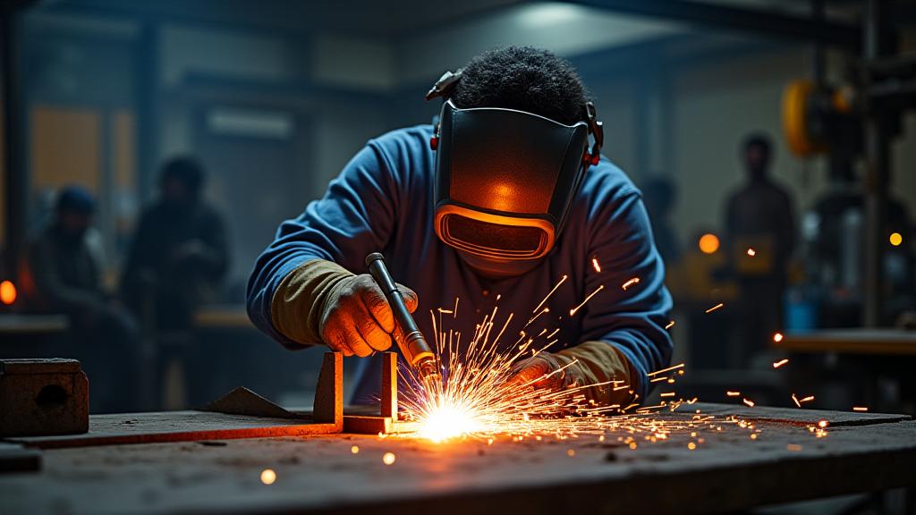 Skilled welder working on a metal frame, sparks flying in a dark workshop.